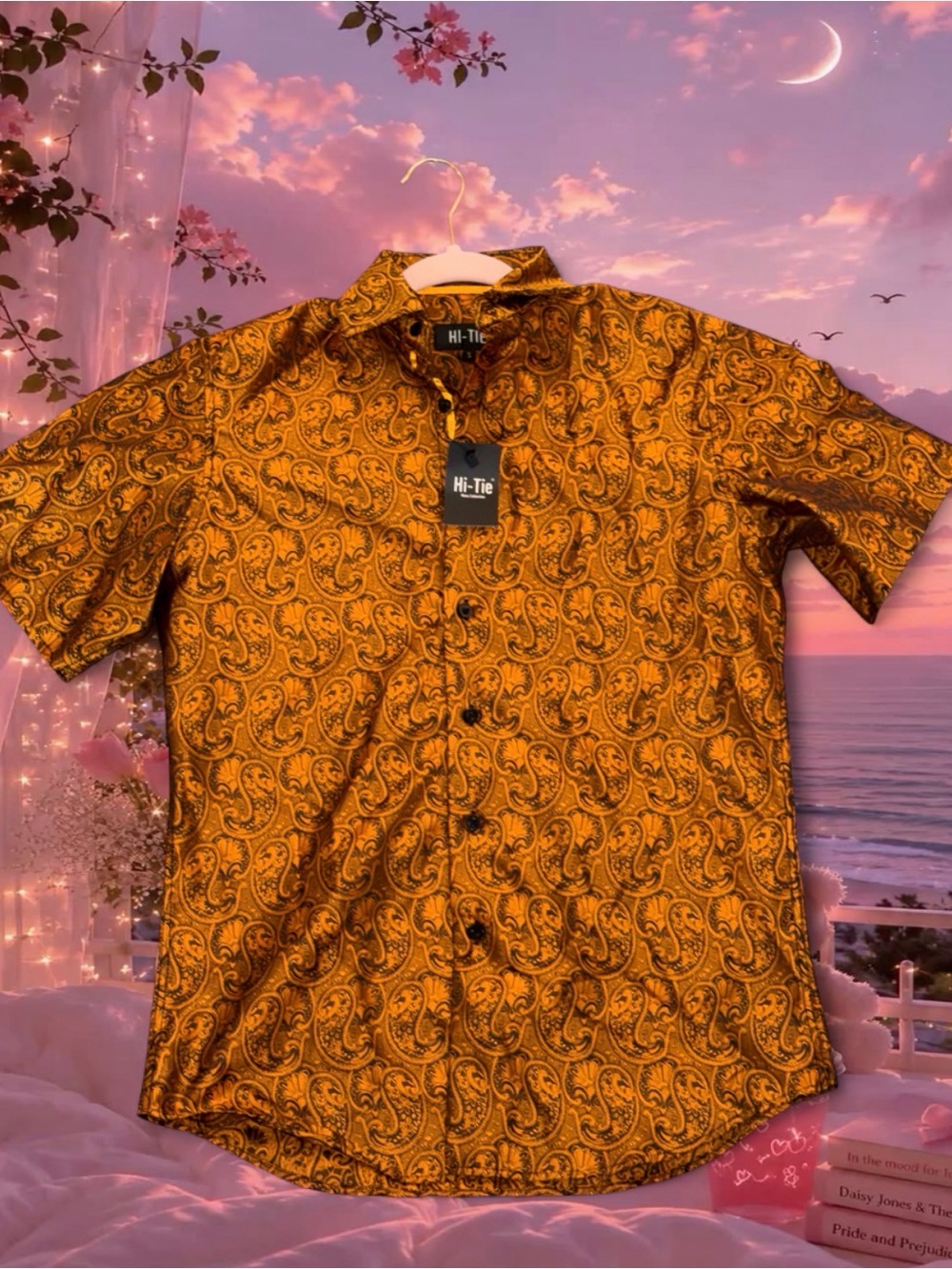 Men's Short-Sleeve Paisley Button-Down Shirt in Gold